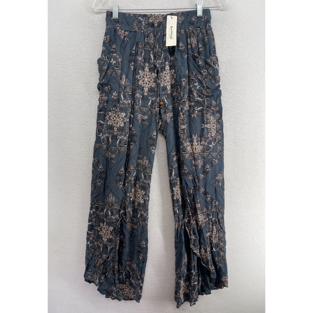 THREE BIRD NEST Pants S Floral Printed Drawstring Tulip Wide Leg Lounge Blue NEW